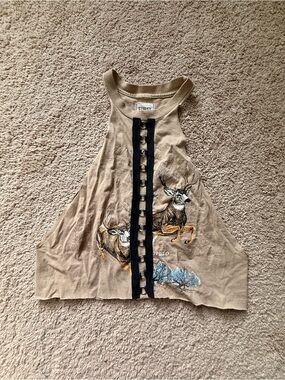 Beige Kids Tank Top with Deer Print and Black Button Placket